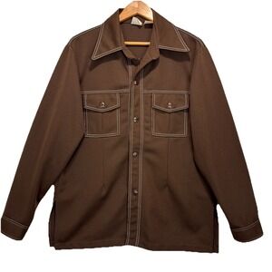 Sears Kings Road VTG 70s 80s Dress Shirt Western White Stitch Sz L 42-44 Brown